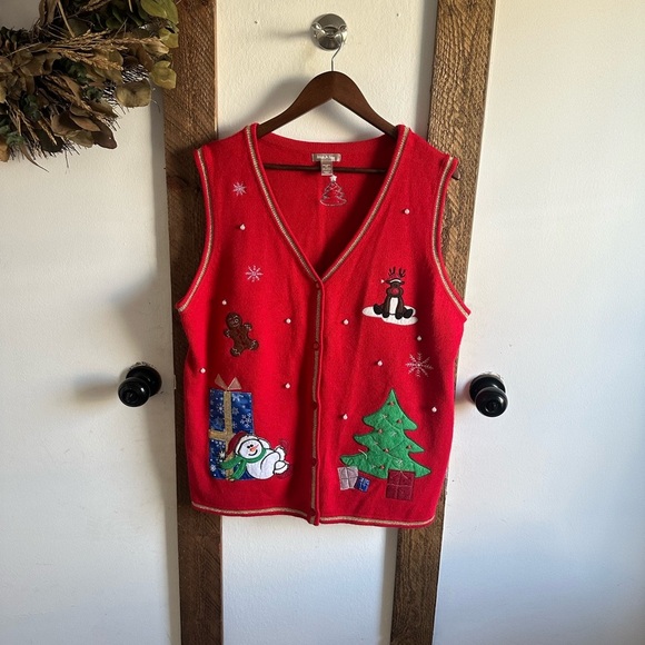 VTG White Stag Festive Whimsical Christmas Sweater Vest Trees Snowman Women’s - Picture 6 of 13